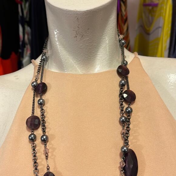 Set of 2 Beads & Metal Necklaces Purple Bronze - Picture 4 of 7